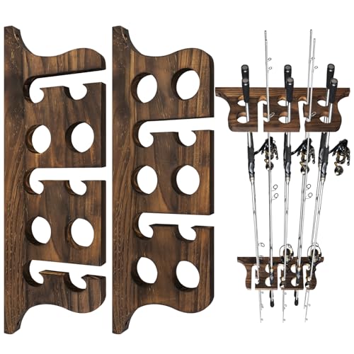 THKFISH Wood Fishing Rod Holders for Wall Ceiling, Holds Up to 7-10 fishing Pole Holders for Garage (1 set holds up 10 rods) - style: 1 set holds up 10 rods