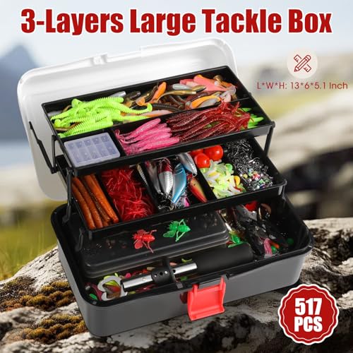 517 Pcs Large 3 Layers Tackle Box with Tackle Fishing Lures Kit Included Pliers, Fish Lip Gripper, Crankbait, Hooks, Other Accessories Fishing Kit for Men Gifts Summer Vacation(Black White) - color: Black White