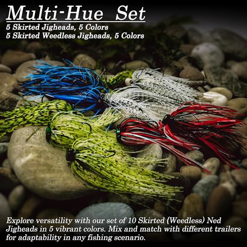 Ned Rig Jig Heads Soft Plastic Worms Fishing Lures Kit, 60/50/10 Pcs Weedless Skirted Mushroom Ned Rigs Jighead Hooks Stick Baits Bass Fishing Lures for Freshwater Saltwater - color: 5 Pcs Weedless Skirted Ned Rigs + 5 Pcs Skirted Ned Rigs