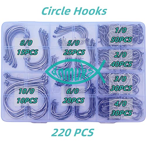 Circle Hooks Fishing Hooks 2X Strong 170PCS/Box|220PCS/Box Octopus Catfish Fish Bulk Fishing Hooks Set Saltwater Freshwater Gear Equipment#1 1/0 2/0 3/0 4/0 5/0 6/0 8/0 10/0 - color: BLACK-220PCS-Bigger