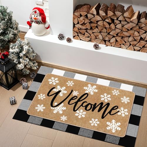 Tinideya 2 Pcs Winter Snowflake Doormats Christmas Layered Welcome Outdoor Door Mats with Buffalo Plaid Front Door Rug Non Slip Floor Mats for Porch Entryway Xmas Holiday Seasonal Decor - size: 16 x 28 Inch,24 x 35 Inch, style: Snowflake