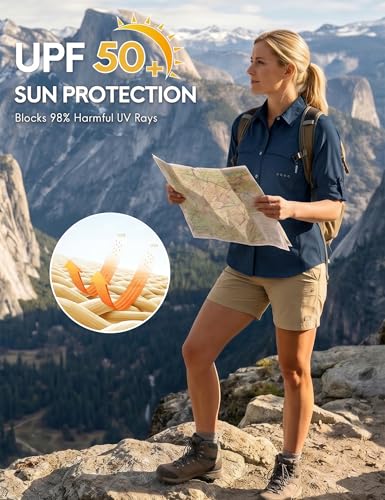 Haimont Women's UPF 50+ Long Sleeve Hiking Button Down Shirt | Quick-Dry, Mesh Back Vents, Roll-Up Tabs, Rod Holder, Lens Cloth, Camping & Travel - color: Dark Blue, size: X-Large