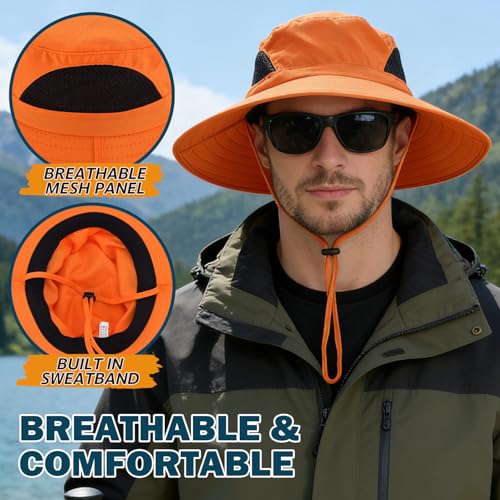 Wide Brim Sun Bucket Hat, Waterproof Boonie Hat for Men & Women | UPF 50+ UV Protection, Adjustable Fit, Chin Strap & Sweatband, Foldable Durable for Fishing Hiking Garden Beach - color: 01 Orange