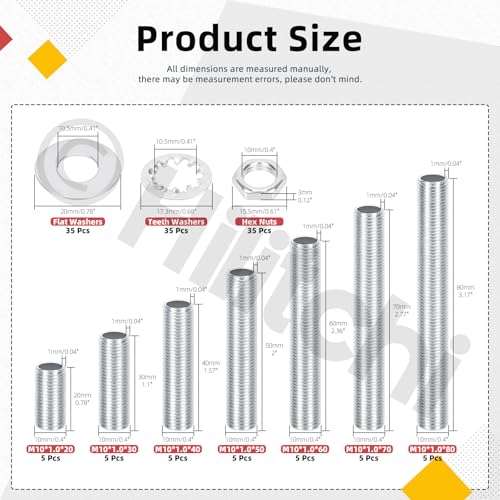 Hilitchi 140PCS M10 Lamp Pipe Nipple Hollow Lamps Repair Part Hardware Hollow Lamp Rod Assortment Kit Includes Flat Washer Teeth Washer Hex Nuts for Light Fittings Outdoor Lamps