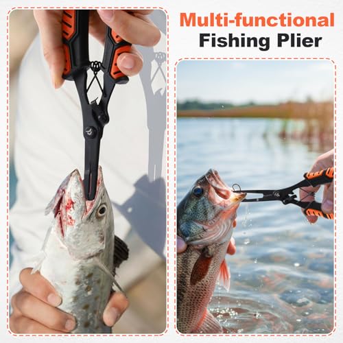 RoundFunny Fish Lip Gripper Pliers, Combo Fishing Tool Kit Stainless Steel Multifunction Hook Remover, Split Ring Pliers with Lanyards Sheath for Fly, Easter Fishing Basket Gift Gear Men Women - color: Orange
