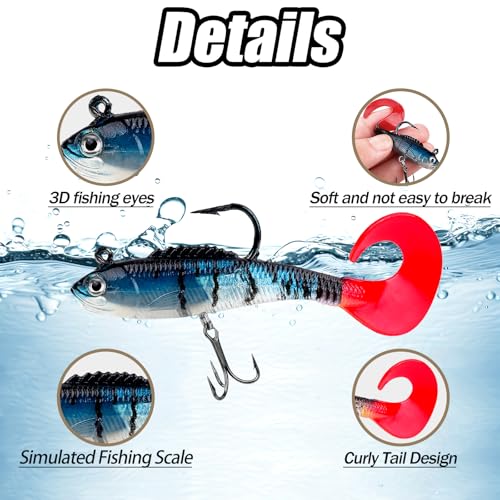 Fishing Lures with Jig Heads Treble Hooks 6pcs 2.36in/0.14oz FS/RE-12 | 6pcs Soft Plastic Swim Baits,Tackle Box,for Bass Crappie Trout, Saltwater and Freshwater, Fishing Tackle