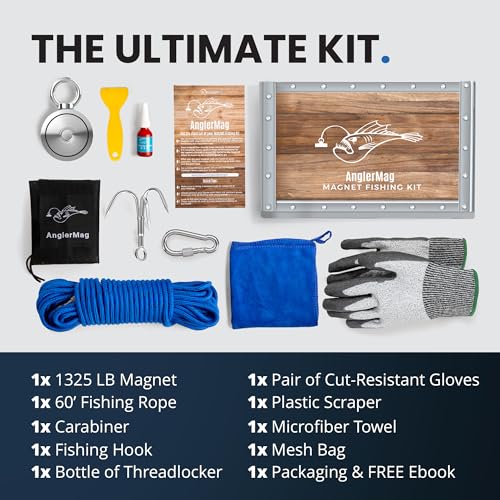 AnglerMag Magnet Fishing Kit - 1325 lbs Double Sided Neodymium Magnetic Fishing Stuff with Rope - 10 PCS Extra Strong Complete Gift Set with eBook, Carabiner, Gloves, Grappling Hook & Carrying Bag - size: 1325 LB