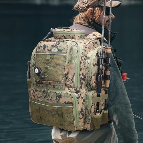 WANOON Fishing Backpack,Fishing Bag with Rod Holders. Large Ttackle Backpack Strong Materials,42L - color: Camouflage Black, size: 42L-Without Tackle Boxes
