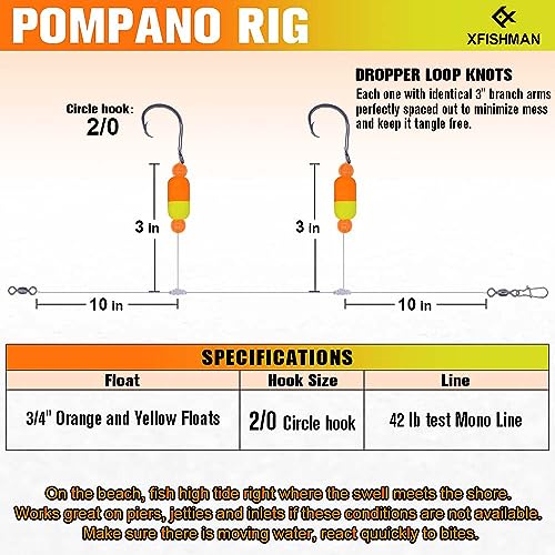 Pompano-Rigs-for-Surf-Fishing-Saltwater-Gear with Double Circle & Wide Gap Hook-6-Pack Surf Fishing Tackle - color: Orange and Yellow 3/4"Floats 6-Pack, size: 2/0 Circle Hook
