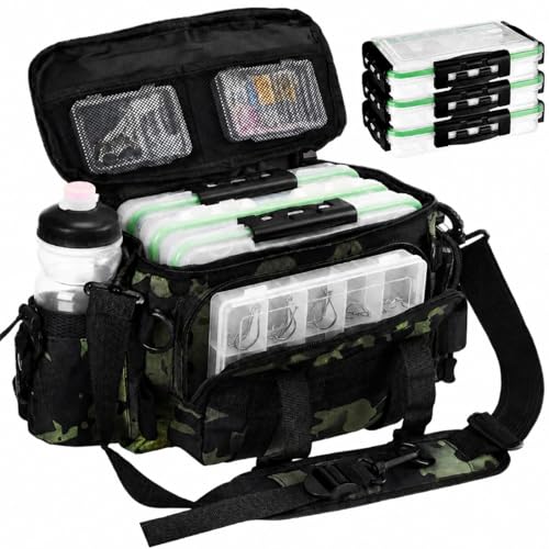 Fishing Tackle Bag with 3 Pcs 3600 Tackle Trays Expandable Soft Fishing Bag Waterproof Camouflage Gear Backpack Padded Shoulder Strap Angler Gear Storage Gifts for Fishermen(Green) - color: Green