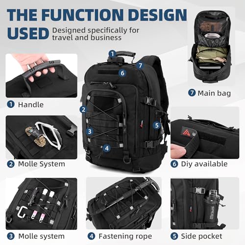 gracedon Men’s Military Style Backpack, 3-5 Day 1000D Water Resistant Tactical Pack with Zinc Alloy Zippers, Hidden Pocket & D-Ring Accessories for Outdoor Sports (Black1)