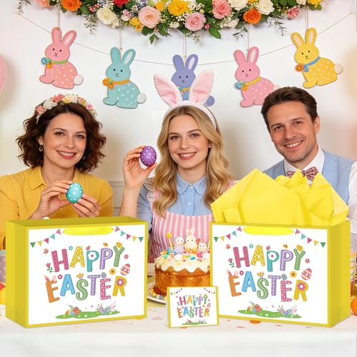 Hooqict Large Easter Gift Bag with Handles, Tissue Paper, Greeting Cards for Kids Easter Egg Basket Gift Bags Spring Birthday Goodie Treat Party Favors - color: Easter