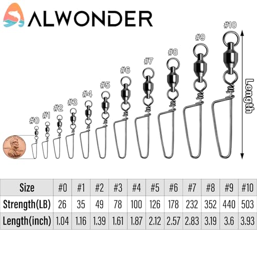 Alwonder Fishing Snap Swivels, High Strength Ball Bearing Swivel with Stainless Steel Coastlock Snap 26-503LB, Black Nickel Coating Corrosion Resistance Freshwater Saltwater - size: #1-35LB-10pcs-Extra Inventory