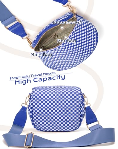 Trendy Woven Checkered Crossbody Bum Bag for Women，PU Leather Checkered Purse Fanny Packs Belt Bag (Woven Bum Bag - Rainbow Blue White) - color: Woven Bum Bag - Rainbow Blue White