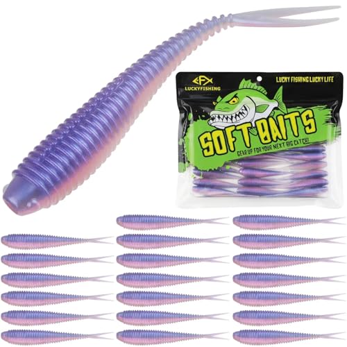 LUCKYFISHING Soft Plastic Baits 20PCS/30PCS/40PCS Forked Tail Fishing Soft Bait for Bass Walleye Trout Crappie Lures 3in/3.5in/4in - color: Morning Dawn, size: 4in-20pcs