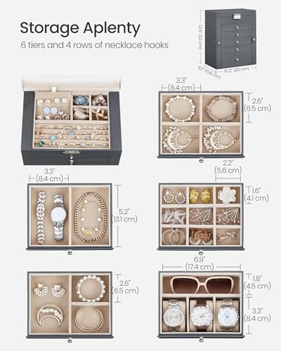 SONGMICS 6-Layer Jewelry Box Organizer with 5 Drawers, Jewelry Storage Case with Lock and Mirror, Large Storage Capacity, Gift for Loved Ones, for Necklaces, Watches, Gray UJBC152G01 - color: Gray, size: 6 Tier