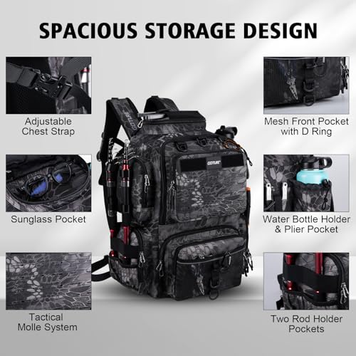 Goture Fishing Backpack with 4 Tackle Boxes,900D Water-Resistant Tackle Backpack with Rod Holders,SBS Zippers,45L Large Tackle Storage Gear Bag with Rain Cover,Bottle Holder for Travel Camping Hiking - color: A1:19# Camo, size: Include 4 Tackle Boxes