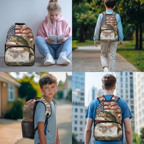 Bass Fishing Backpack 4 Pieces American Flag School Backpack with Lunch Bag Handbag Pencil Case Water Bottle Sling Bag Elementary Middle Rucksack Travel Bookbag - color: American Flag Bass Fish