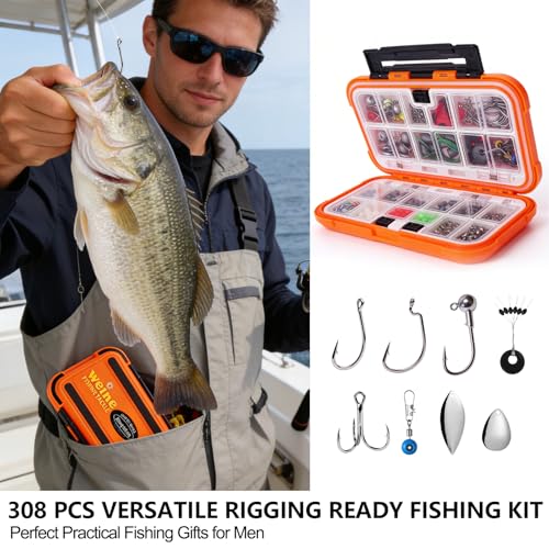 Fishing Accessories Kit, 308-Piece All-in-One Fishing Gear Set with Organized Tackle Box, Hooks, Weights & Rigs for Freshwater/Saltwater, Bass, Crappie - Perfect Fishing Gifts for Men