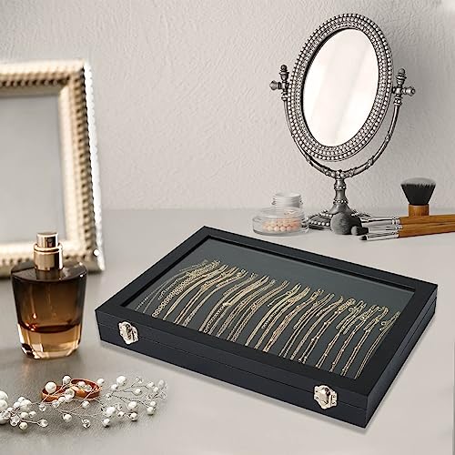 Necklace Organizer Box with Clear Lid Velvet Tray for Jewelry Storage Display Case, 20 Hooks Glass Top Drawer Insert Necklaces Pendants Dustproof Necklace Jewelry Box Organizer & Tray (Black) - color: Black, size: Necklace tray