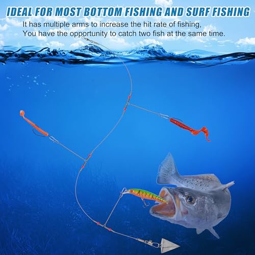 Fishing Leaders Saltwater Tackle Surf Fishing Rigs Bottom Hi-Low Rig High Strength Wire Leader Line with Swivel Snaps Beads Gear Equipment for Lures Bait Hooks - size: 3 arm,12packs