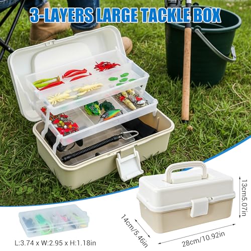 Layers Fishing Tackle Box, 213Pcs Fishing Lures Kit with Small Fishing Tool Kit Containing Weights Scale, Lip Clip, Hook Remover, Fishing Accessories, Fishing Gear for Beginners, Kids, Men, Adults - color: khaki&white