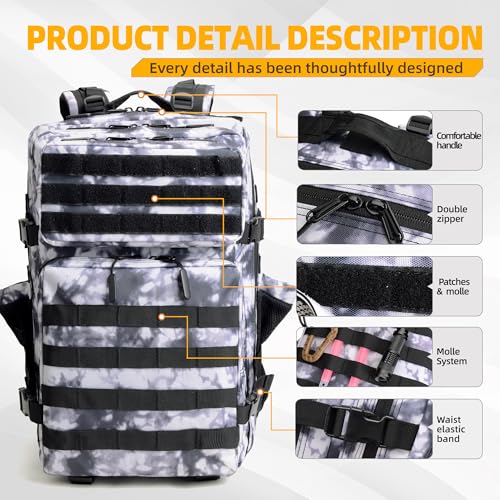 LUPU TACTICAL 45L Backpack for Men and Women 3 Days Assault Pack Outdoor Travel Hiking Camping Rucksack with Molle Webbing (Black and White)
