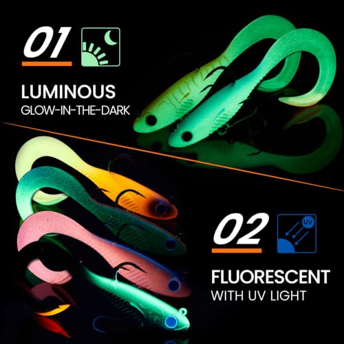TRUSCEND Duramax TPE Soft Fishing Lures with BKK Hooks, Easy Catch Curly & T-Tail for Trembly Sinking & Vibrating Swim, UV or Glow Effect for All Conditions, Pre-rigged Swimbait for Bass Trout Crappie - color: A1-3"-1/4oz