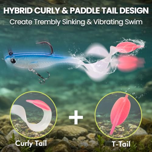 TRUSCEND Duramax TPE Soft Fishing Lures with BKK Hooks, Easy Catch Curly & T-Tail for Trembly Sinking & Vibrating Swim, UV or Glow Effect for All Conditions, Pre-rigged Swimbait for Bass Trout Crappie - color: A1-3"-1/4oz