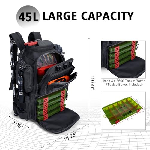 Goture Fishing Backpack with 4 Tackle Boxes,900D Water-Resistant Tackle Backpack with Rod Holders,45L Large Fishing Bag Storage Gear Tackle Bag with Rain Cover,Bottle Holder for Travel Camping Hiking - color: A1:black With 4 Tackle Boxes