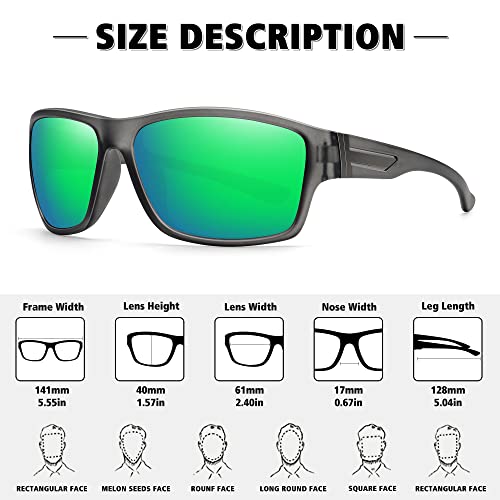 STORYCOAST Polarized Sports Sunglasses for Men Women Unbreakable Frame Cycling Fishing Driving - color: Gray Frame-green Mirror Lens