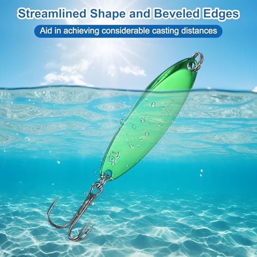 Fishing Spoons Lures, Metal Saltwater Treble Trout Lures Jigging Spoon with Treble Hooks Casting Spinner Baits - color: Green, size: 7g / 1/4oz