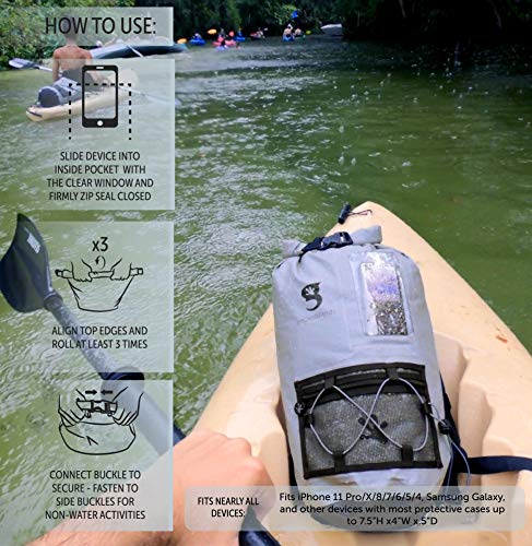 geckobrands Hydroner 20L Waterproof Dry Bag Backpack – Lightweight Roll-Top Bag with Clear Phone Pouch for Outdoor Activities - color: Grey