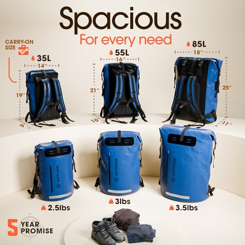 Earth Pak Waterproof Backpack - Heavy Duty Roll-Top Closure with Easy Access Front-Zippered Pocket and Cushioned Padded Back Panel for Comfort with IPX8 Waterproof Phone Case, Blue, 85L, Messenger Bag - color: Blue, size: 85L