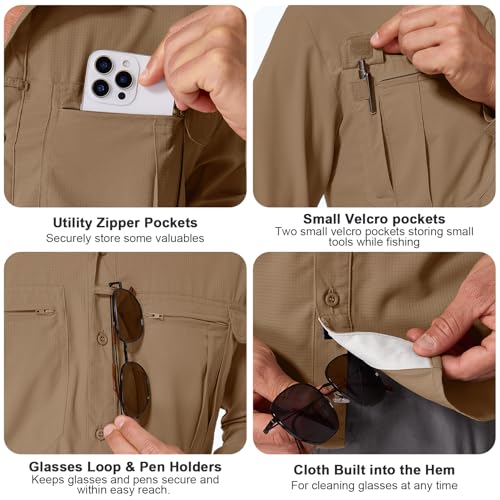 Men's Sun Protection Safari Fishing Shirts Long Sleeve UPF50+ UV Quick Dry Lightweight Cooling Hiking Travel - color: Gravel Brown, size: Large