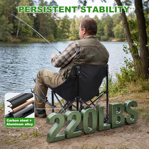 Folding Fishing Chair with Complete Accessories, Portable Camping Chair for Outdoor Fishing, 220LBS Load-Bearing, Non-Slip All-Terrain Design with Storage Bags, Carbon Steel Fishing Chair - color: Black