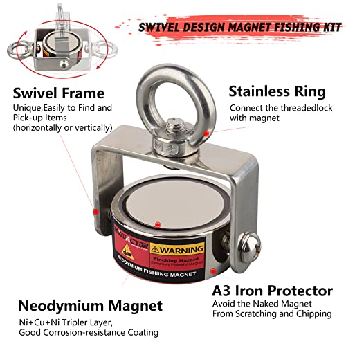 MUTUACTOR Magnet Fishing Kits,760lb Strong Rotating Fishing Magnets Heavy-Duty, Φ1.96''Neodymium Rare Earth Swivel Magnet with 65Ft Durability Rope,Sturdy Gloves for Retrieving Treasures in Rivers - style: 760lb Swivel Magnet (Double Sided)--Φ 1.96"