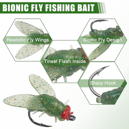 Bionic Fly Fishing Bait, Flies Fishing Lures Kit Trout Jigs Swimbaits Dry Flies Fly Fishing Lures Fish Attractant Fly Fishing Hook for Saltwater Freshwater Bass Panfish 15mm - color: Green-18pcs