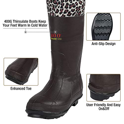 HISEA Womens Chest Waders, 4.5mm Neoprene Leopard Hunting Wader for Women with Insulated Boots, Waterproof Fishing Waders - color: Pink Leopard, size: 10
