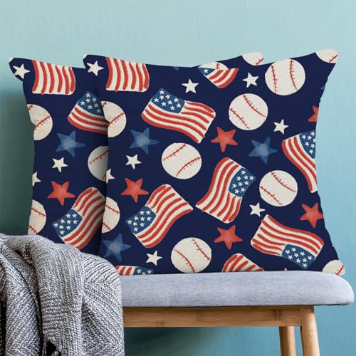 4th of July Pillow Covers 16x16 Inch 2pcs Patriotic Baseball American Flags Navy Blue Throw Pillows Red Blue Stars Independence Day Pillowcase Outdoor Decorative Linen Cushion Covers for Sofa Couch - color: Baseball American Flag, size: 16" x 16" (Pack of