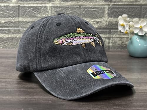 Fishing Baseball Cap for Men Women, Adjustable Embroidered Hat | Fishing Gear, Outdoor Adventure Design, Precision Embroidery Craft, One Size Adjustable Fit - color: Rainbow Trout (Washed Black)