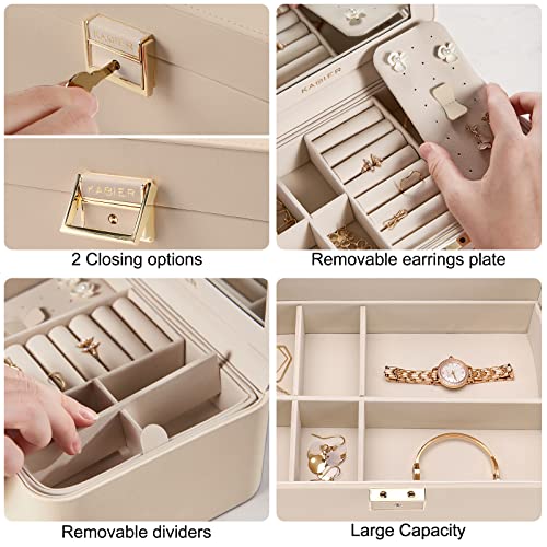 Upgraded Jewelry Box, 2 Layers PU Leather Jewelry Organizer for Women with Lock and Mirror, Hidden Necklace Hook and Removable Divider Large Capacity Travel Jewelry Box Ideal for Gift-With Gift Box - color: Beige, size: mirror