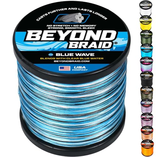 Beyond Braid Braided Fishing Line -Super Strong - Abrasion Resistant - No Stretch -Blue Camo, Moss Camo, White, Green, Pink, Blue, 4 Strand 8 Strand - color: Blue Wave, size: 8LB (2000 Yards)
