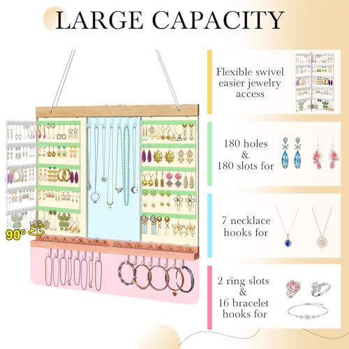 Large Rotating Hanging Jewelry Organizer, 5-Tier Wall Mounted Earring Holder for 180 Pairs, Jewelry Rack for Earrings, Necklaces, Bracelets & Rings, Necklaces, Bracelets & Rings, for Girls, White - color: White, size: Extended