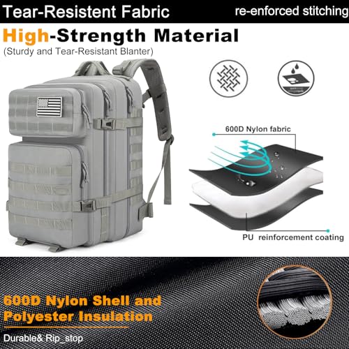 Tactical Backpack 45L Army Military Rucksack, Water Resistant MOLLE Pack, Large 3 Day Bug Out Bag for Men & Women, Durable Outdoor Gear for Hiking, Camping, Hunting, Travel (Grey) - color: Gray