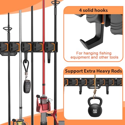 Fishing Rod Holders, Wall Mounted Fishing Rod Rack, Fishing Pole Holder Holds Up to 8 Rods or Combos, Fishing Rod Holders for Garage with 4 Hooks, Fits Most Rods of Diameter 3-24mm - style: Orange-1Pack