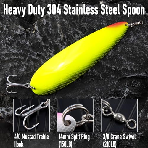 Dr.Fish Flutter Spoon 8" Saltwater Fishing Spoon Lures 7/0 Mustad Treble Hook, 3/0 Crane Swivel, Silver-Electroplated, Heavy Duty Striper Fluke Tuna Bluefish - color: Black/White