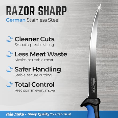 Rhinoreto Fillet Knife for Fish - Razor Sharp G4116 German Stainless Steel Blade, 9 Inch Professional Filleting & Boning Knife with Non-Slip Handle, Protective Sheath & Sharpener - color: Blue, size: 9"