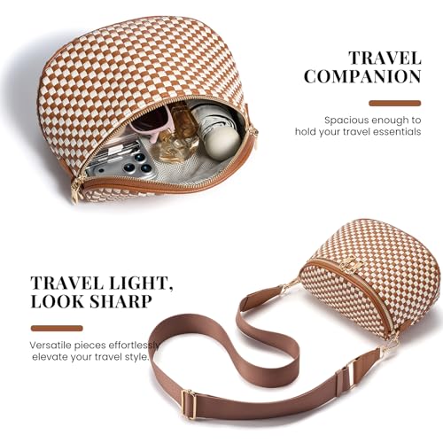 Woven Vegan leather Crossbody Bags For Women, Checkered Fashion PU Bum Bag Waist Pack, Travel Sling Purse with Adjustable Strap（Brown and White) - color: Brown and White