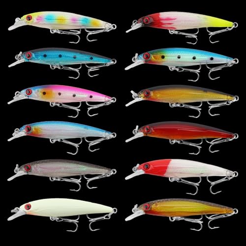 12pcs Suspending Jerkbait Fishing Lures Kit, Minnow Lures Jerk Bait Crankbaits Swimbait, Artificial Hard Minnow Fishing Bait for Bass Trout Pike Walleye Catfish Freshwater Saltwater